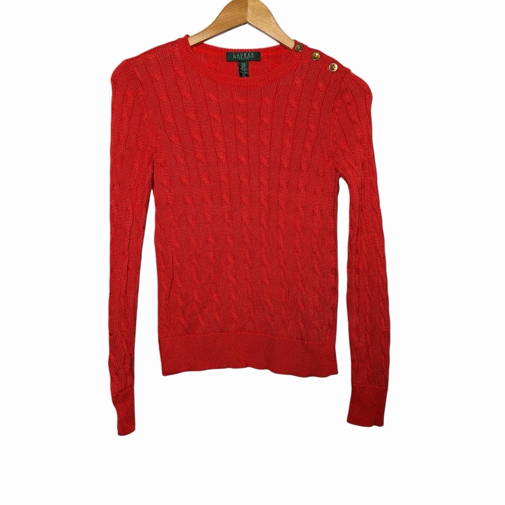 Lauren Ralph Lauren Petite PXS Cable Knit Sweater Orange Gold Button Old Money